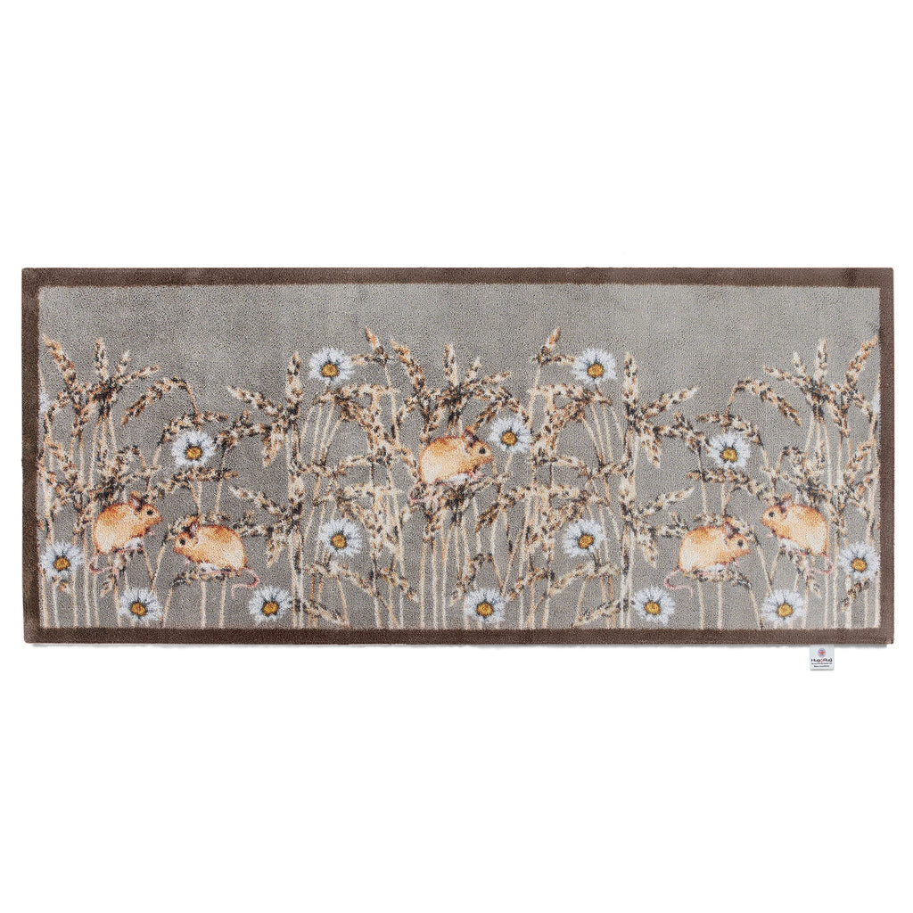 Field Mice 1 Washable Runner in dark grey- a 100% cotton runner featuring beige field mice among long grass and dandelions.