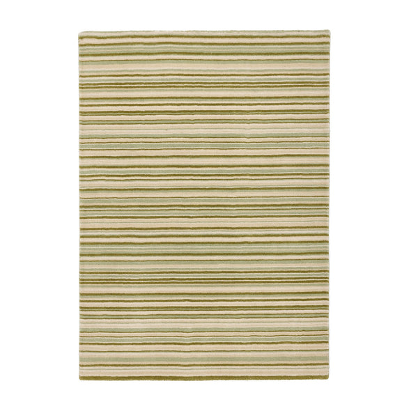 Green Fine Stripe Rug- 100% wool cut pile in green with a striped pattern.
