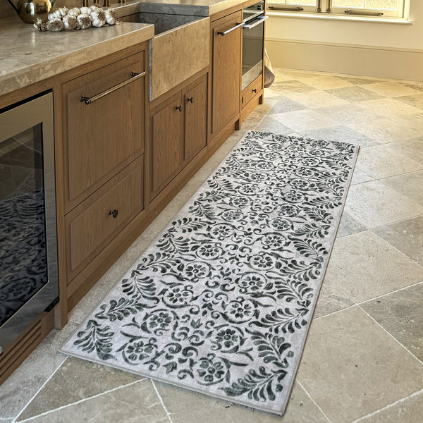 Hug Rug Green Vintage Scroll Washable Kitchen Runner