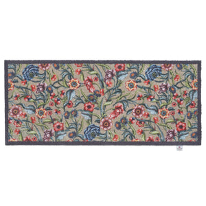 Garden Multi Floral 2 Runner in beige- a 100% recycled cotton runner featuring a mix of blue and red intertwined flowers with green leaves.