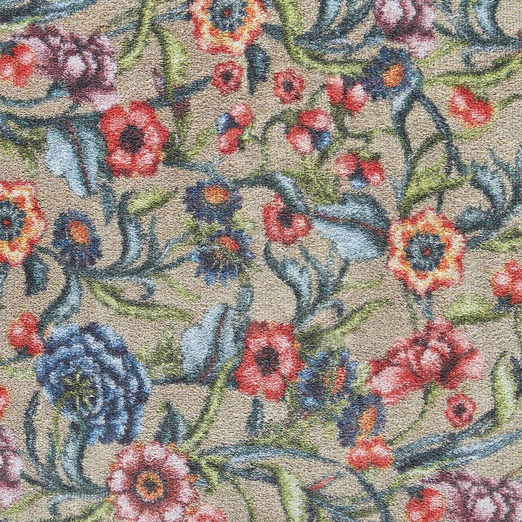 Garden Multi Floral 2 Runner in beige- a 100% recycled cotton runner featuring a mix of blue and red intertwined flowers with green leaves.