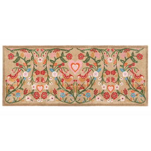 Garden Lovebirds Washable Runner- a 100% recycled cotton doormat featuring two lovebirds in shades of red, yellow, light pink, and cream, surrounded by floral vines.