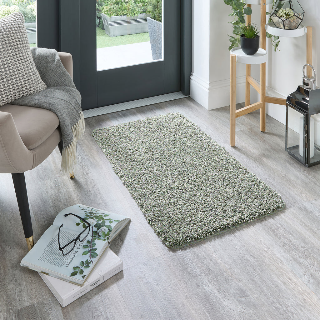 My Rug Green Fleck- a washable rug with green and white flecks.