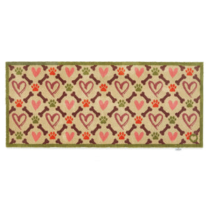Hearts & Bones Runner - a 100% cotton runner featuring a pattern of bones, paw prints, and hearts in shades of burgundy, pink, green, and red.