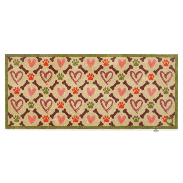 Hearts & Bones Runner - a 100% cotton runner featuring a pattern of bones, paw prints, and hearts in shades of burgundy, pink, green, and red.