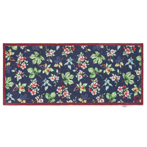 Hedgerow & Berries Washable Runner- 100% recycled cotton runner featuring dog rose, hazel and blackberries against a dark blue background.