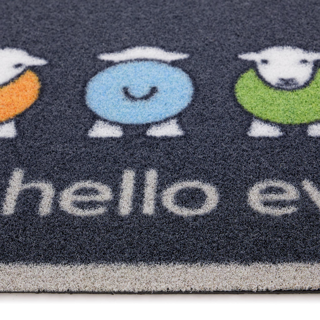Hello Ewe Outdoor Doormat- 100% recycled nylon blue outdoor doormat featuring four colourful Highland cows.