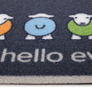 Hello Ewe Outdoor Doormat- 100% recycled nylon blue outdoor doormat featuring four colourful Highland cows.