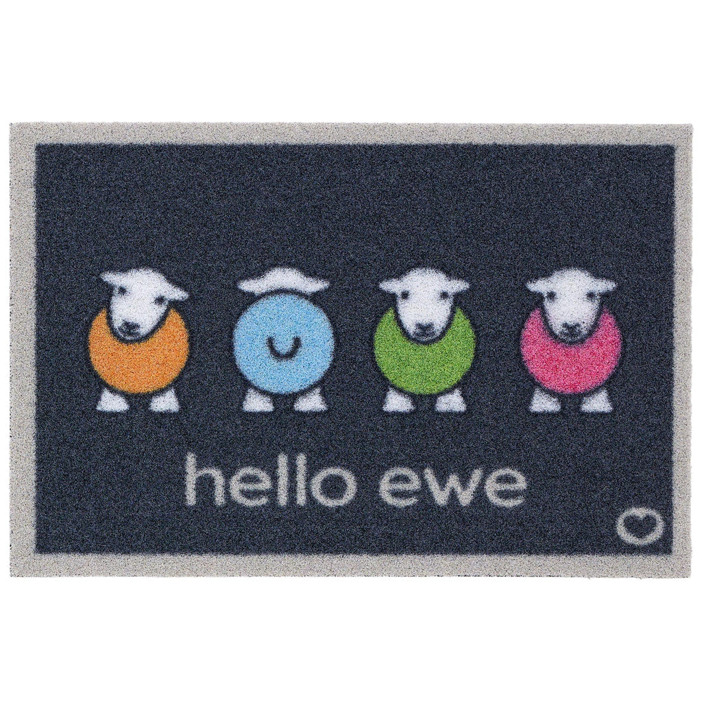 Hello Ewe Outdoor Doormat- 100% recycled nylon blue outdoor doormat featuring four colourful Highland cows.