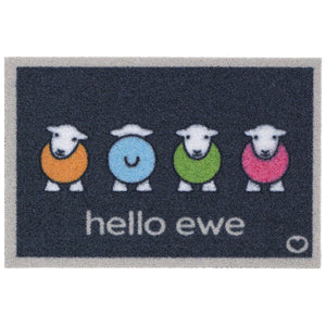 Hello Ewe Outdoor Doormat- 100% recycled nylon blue outdoor doormat featuring four colourful Highland cows.