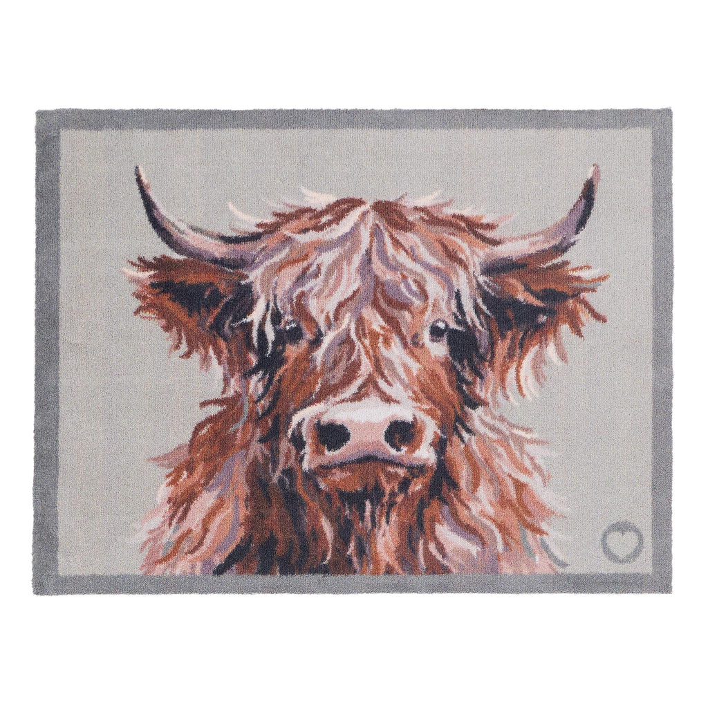 Heritage Highland Cow Washable Doormat- a cotton doormat featuring a white and brown highland cow.