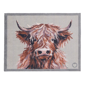 Heritage Highland Cow Washable Doormat- a cotton doormat featuring a white and brown highland cow.
