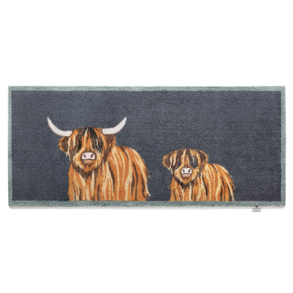Highland Cow 1 Washable Runner in Blue- a 100% recycled cotton runner featuring a two hand-drawn brown Highland cows.