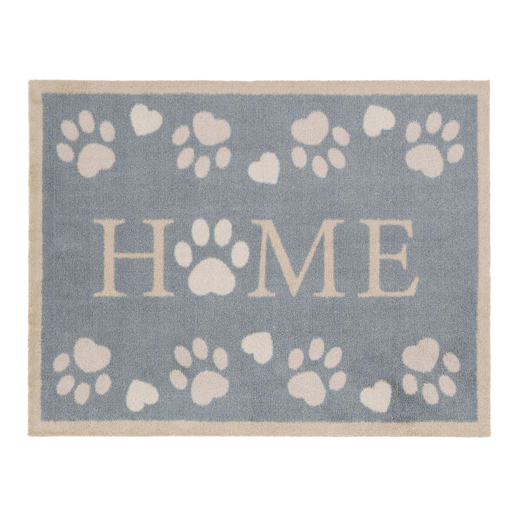 Home Paws Blue Doormat- a cotton mat with a light blue background with white paw prints and love hearts. Featuring Home Written in the centre of the mat.