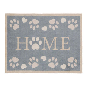 Home Paws Blue Doormat- a cotton mat with a light blue background with white paw prints and love hearts. Featuring Home Written in the centre of the mat.