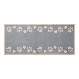 Home Paws Blue Washable Runner in blue- a 100% recycled cotton runner featuring paw prints and a love heart border along the long side of the runner.