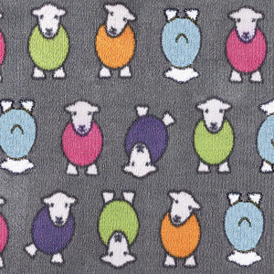 Discover the Marra Grey Herdy Washable Runner- a 100% recycled cotton runner featuring an all-over colourful print of Herdy's in pink, green, orange, blue, and purple. Soft, durable, and perfect for hallways, kitchens, entryways and in front of patio doors.