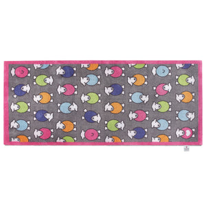 Marra Pink Herdy Washable Runner in charcoal- a 100% recycled cotton runner featuring colourful print of Herdy's in pink, green, orange, blue, and purple.