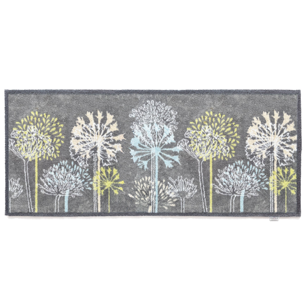 Nature 17 Dandelions Grey Runner- a 100% recycled cotton runner featuring a horizontal row of dandelions in various sizes, in lime green, yellow, white, and light blue.