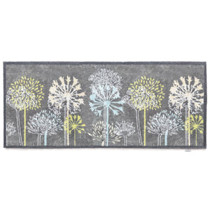 Nature 17 Dandelions Grey Runner- a 100% recycled cotton runner featuring a horizontal row of dandelions in various sizes, in lime green, yellow, white, and light blue.