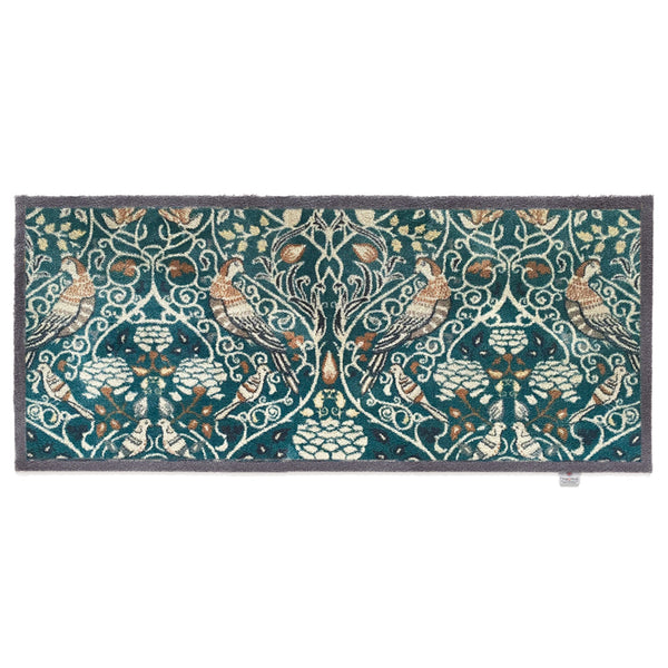 Nature 25 Washable Runner- a 100% recycled cotton runner featuring birds in off-white, beige, brown, and black among foliage.