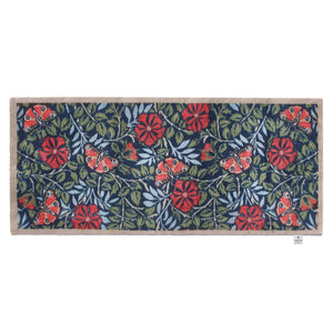 Nature 29 Washable Runner- a 100% recycled cotton runner featuring red flowers and butterflies surrounded by green and blue leaves.