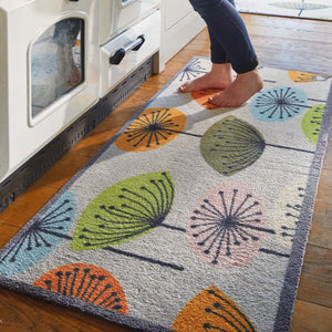 Nature 40 Washable Runner in Grey- a 100% recycled cotton runner featuring dandelions in blue, orange, green, khaki, pink, and cream.