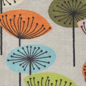 Nature 40 Washable Runner in Grey- a 100% recycled cotton runner featuring dandelions in blue, orange, green, khaki, pink, and cream.