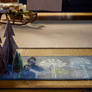 Nature 17 Dandelions Grey Runner- a 100% recycled cotton runner featuring a horizontal row of dandelions in various sizes, in lime green, yellow, white, and light blue.