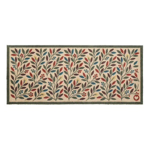 Olive Branch Washable Runner in a light brown- a 100% recycled cotton runner featuring branches adorned with multicoloured leaves and olives.