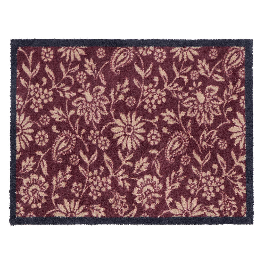 Paisley Floral Burgundy Washable Doormat- a cotton washable doormat featuring a white floral pattern.