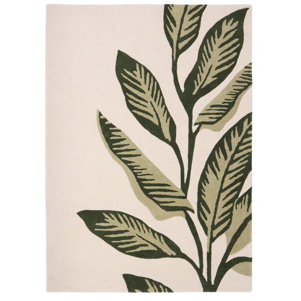Discover the Paradise Leaf Rug- 100% wool cut pile rug in cream with a leaf design.