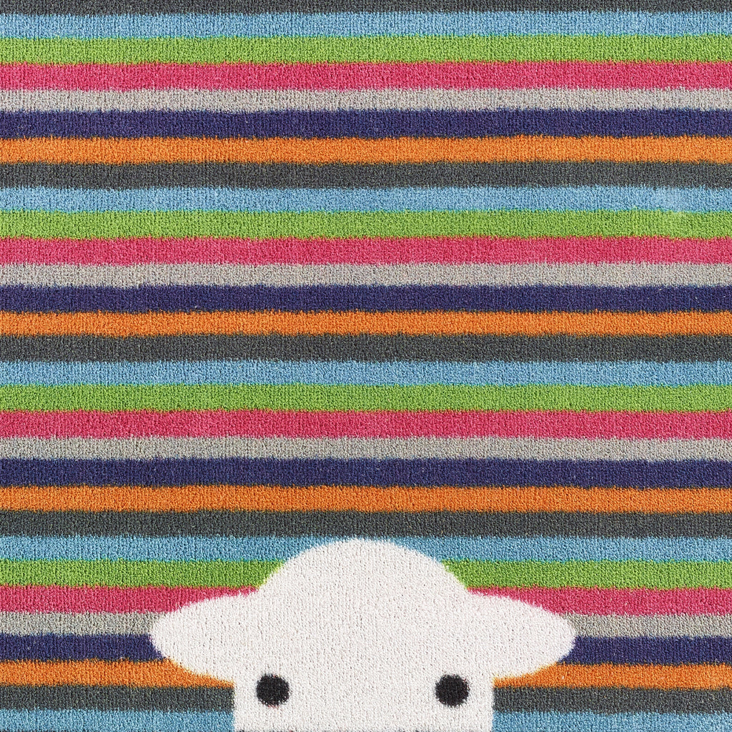 Peep Stripe Herdy Washable Runner- a 100% recycled cotton runner featuring a bright striped background with a Herdy peeking through the bottom of the mat.
