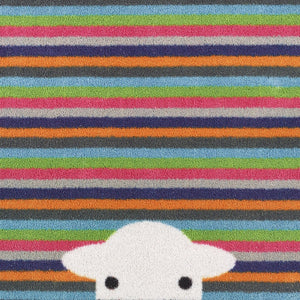 Peep Stripe Herdy Washable Runner- a 100% recycled cotton runner featuring a bright striped background with a Herdy peeking through the bottom of the mat.