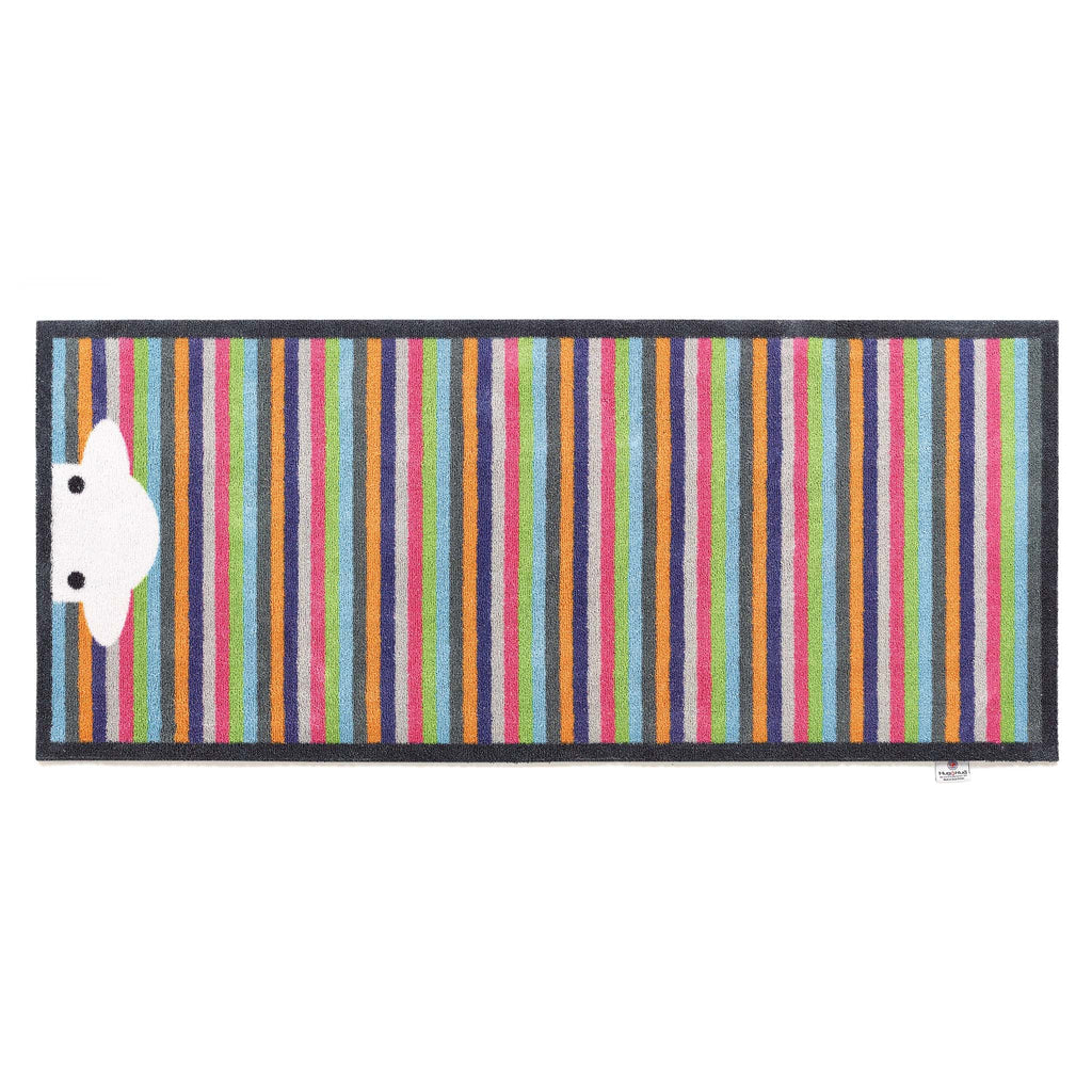 Peep Stripe Herdy Washable Runner- a 100% recycled cotton runner featuring a bright striped background with a Herdy peeking through the bottom of the mat.
