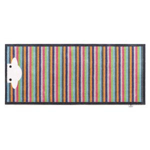 Peep Stripe Herdy Washable Runner- a 100% recycled cotton runner featuring a bright striped background with a Herdy peeking through the bottom of the mat.