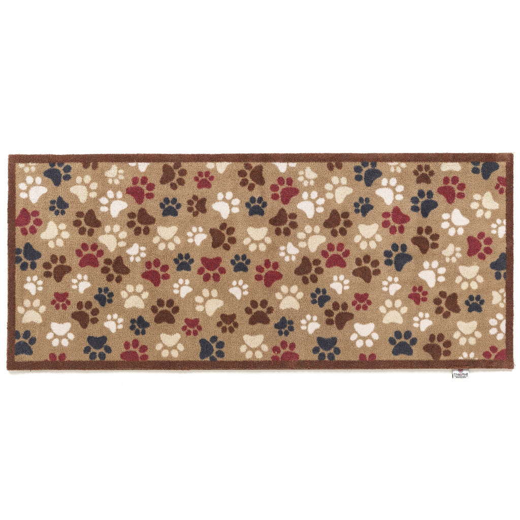 Pet 45 Paws Heart Washable Runner- a 100% recycled cotton runner featuring multi-coloured paw prints in a multi-directional pattern.