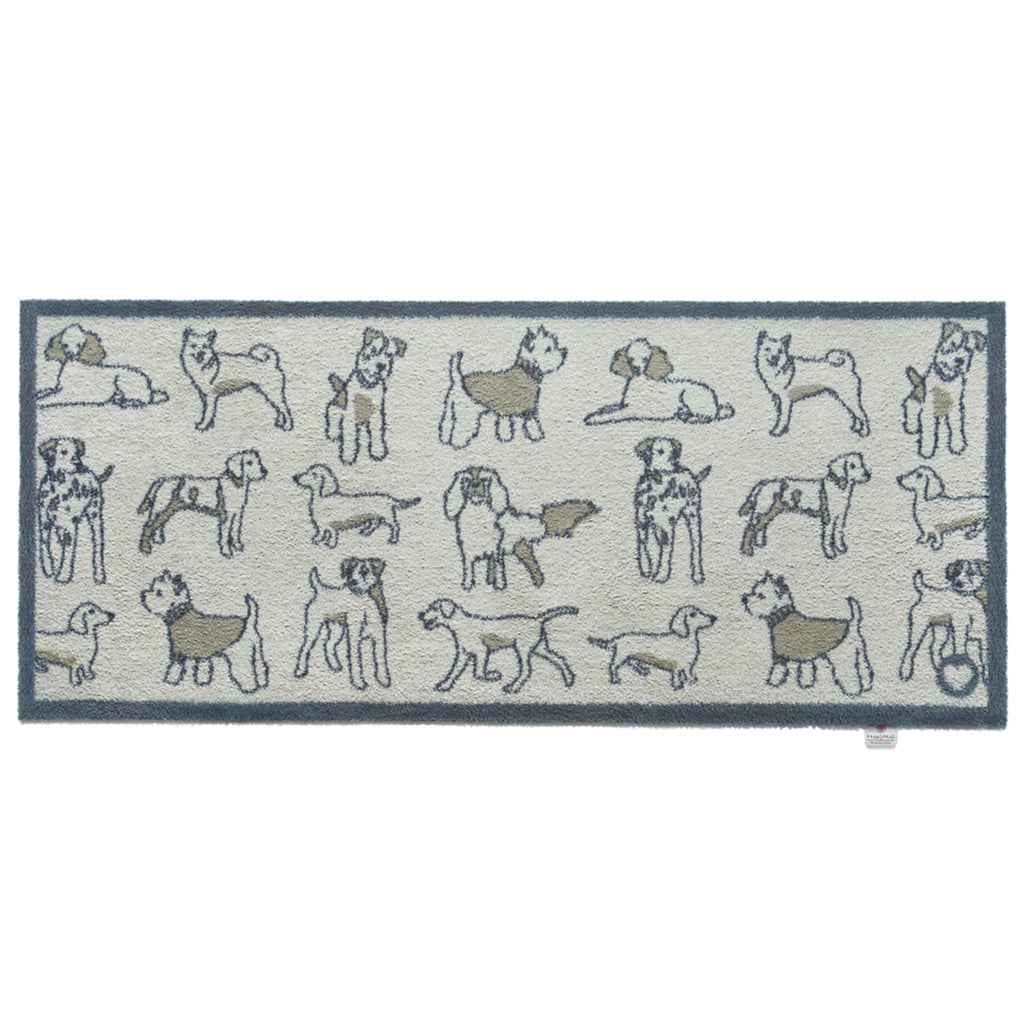 Pet 70 Dogs Grey Washable Runner- a 100% recycled cotton runner featuring navy outlines of different dog breeds, accented with brown colouring.