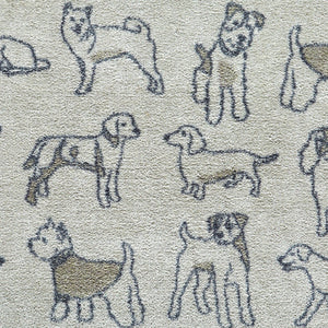 Pet 70 Dogs Grey Washable Runner- a 100% recycled cotton runner featuring navy outlines of different dog breeds, accented with brown colouring.