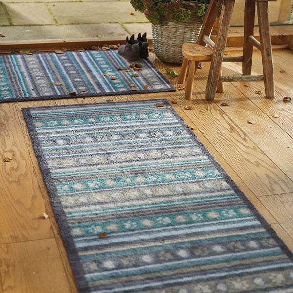 Pet 80 Paw Stripes Washable Runner- a 100% recycled cotton runner featuring vertical stripes in beige, blue, and grey, accented with paw prints.