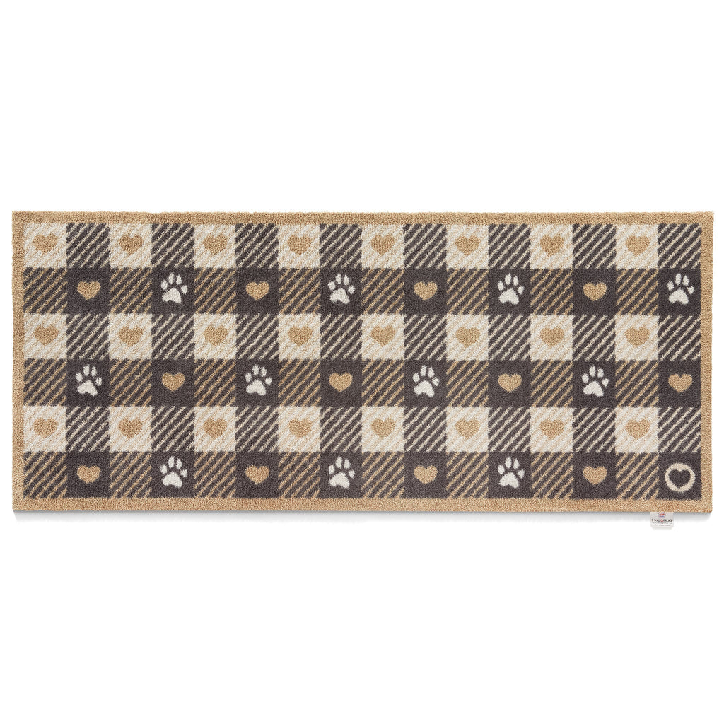 Pet Check 1 Beige Washable Runner- a 100% recycled cotton runner featuring navy and cream checks, accented with paws, hearts, and stripes in beige and white.