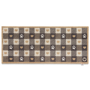 Pet Check 1 Beige Washable Runner- a 100% recycled cotton runner featuring navy and cream checks, accented with paws, hearts, and stripes in beige and white.