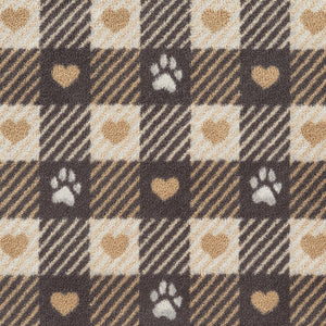 Pet Check 1 Beige Washable Runner- a 100% recycled cotton runner featuring navy and cream checks, accented with paws, hearts, and stripes in beige and white.