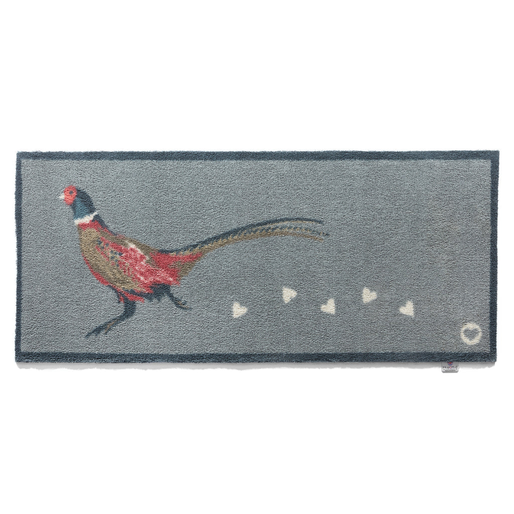 Pheasant 1 Grey Washable Runner in Grey- a 100% recycled cotton runner featuring a pheasant being trailed by white hearts.
