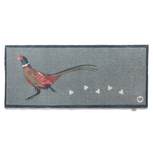 Pheasant 1 Grey Washable Runner in Grey- a 100% recycled cotton runner featuring a pheasant being trailed by white hearts.