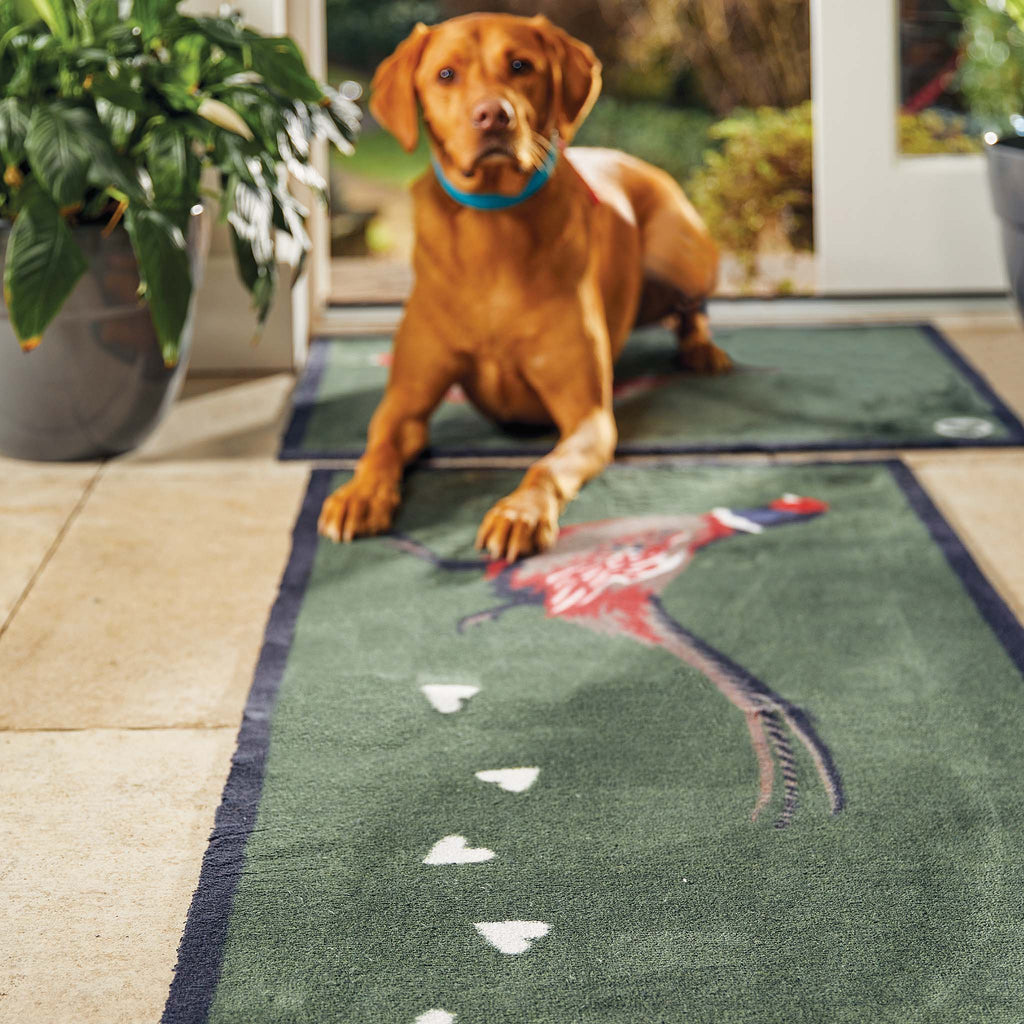 Pheasant Green 2 Washable Runner in green- a 100% recycled cotton runner featuring a pheasant facing left with a trail of white hearts.