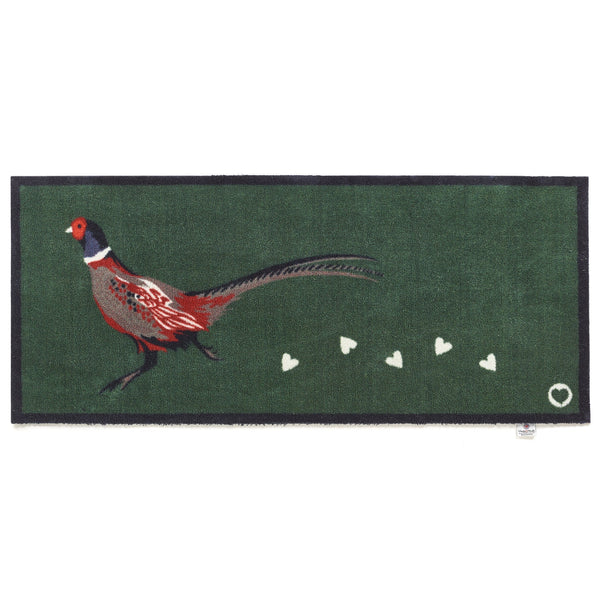 Pheasant Green 2 Washable Runner in green- a 100% recycled cotton runner featuring a pheasant facing left with a trail of white hearts.