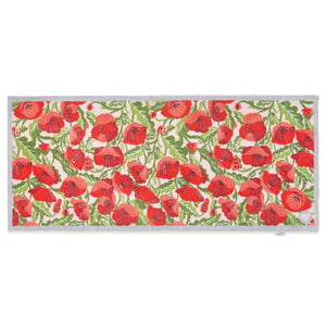 Poppies Galore Washable Runner- a 100% recycled cotton runner featuring bold red poppies with green stems and leaves.