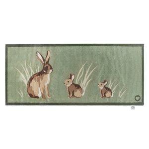 Rabbit 1 Green Washable Runner in Green- a 100% recycled cotton runner featuring three rabbits sitting in the green reeds.