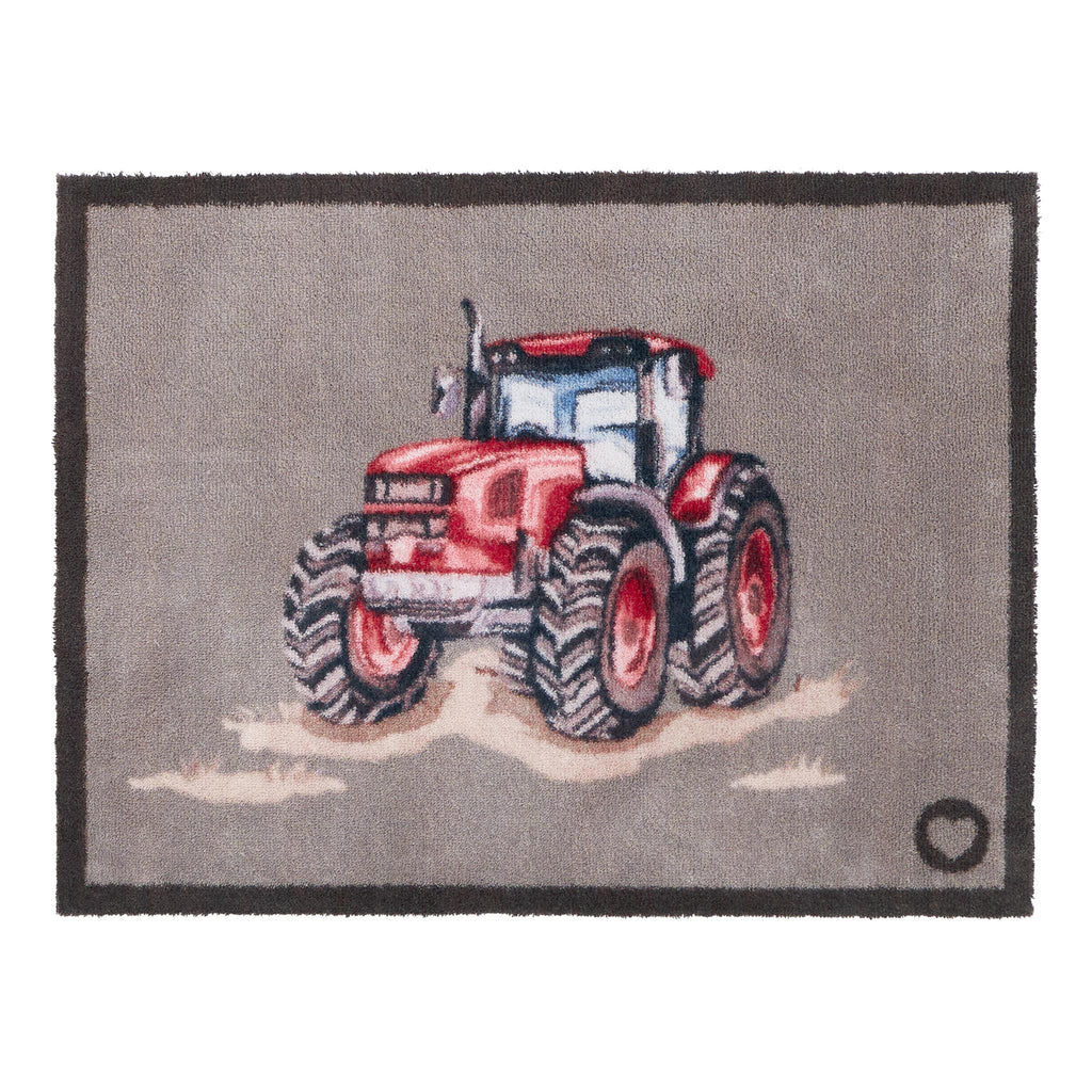 Red Farmyard Tractor Washable Doormat- a cotton washable doormat featuring a red tractor splashing through mud.